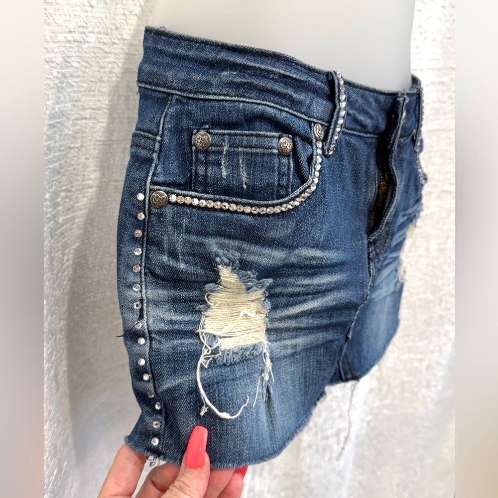 A7 Rhinestone Bling Denim Mini Skirt M Destroyed Ripped 7 For All Mankind - Picture 4 of 14